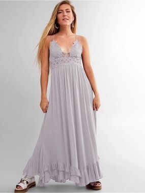 Free People One Adella Maxi Crochet Lace Slip Dress Boho Lavender Gray Size XS